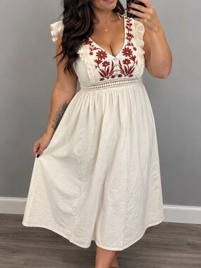 SHEIN Cream Boho Embroidered Midi Dress Small Red Floral Cottagecore Ruffle